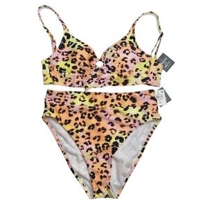 Bar III Banded Ring Bikini Top & High-Rise Bikini Bottoms Summer Heat Animal New